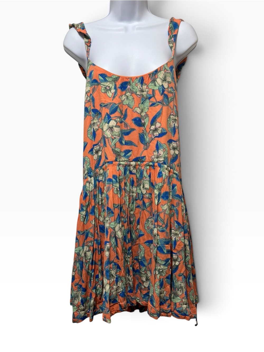 Free People Orange Floral Scoop Neck Drawcord Waist Midi Dress L - Picture 2 of 5